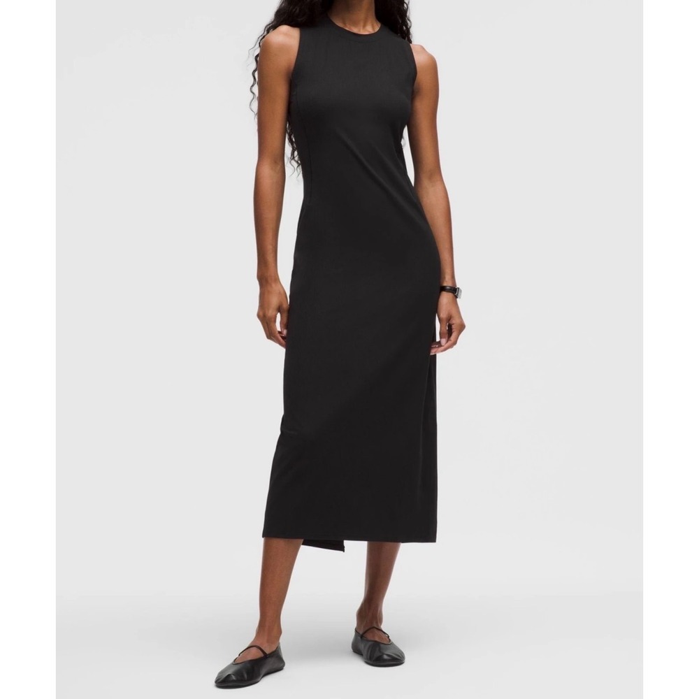 Lululemon All Aligned Ribbed Knit Sleeveless Midi Dress Black High Neck Athletic